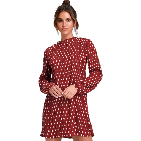 Lulus Dresses & Skirts - Lulus Pleat to Meet You Wine Red Polka Dot Long Sleeve Shift Mini Dress M